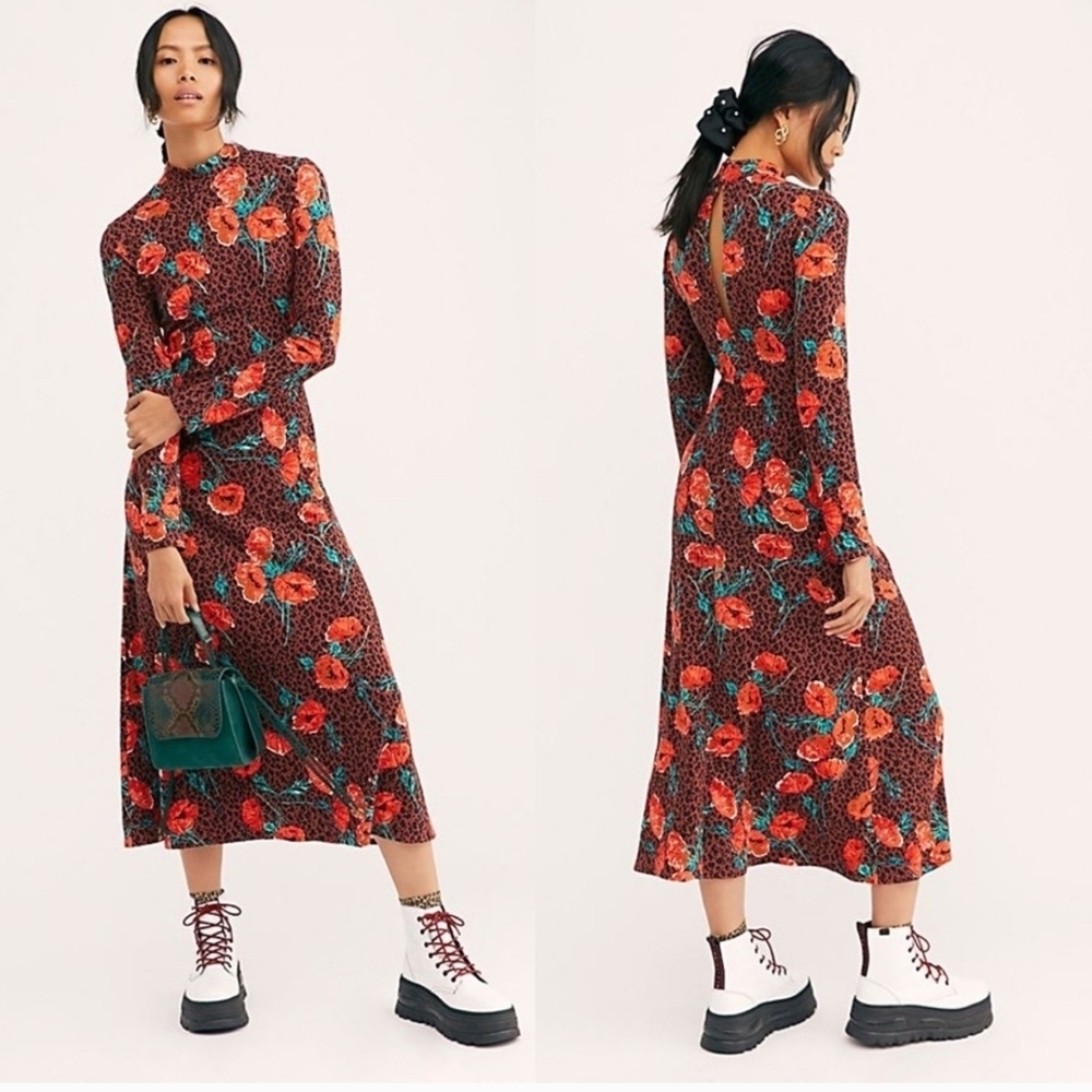 Free People Red and Black Sheath Dress with Bishop Sleeves